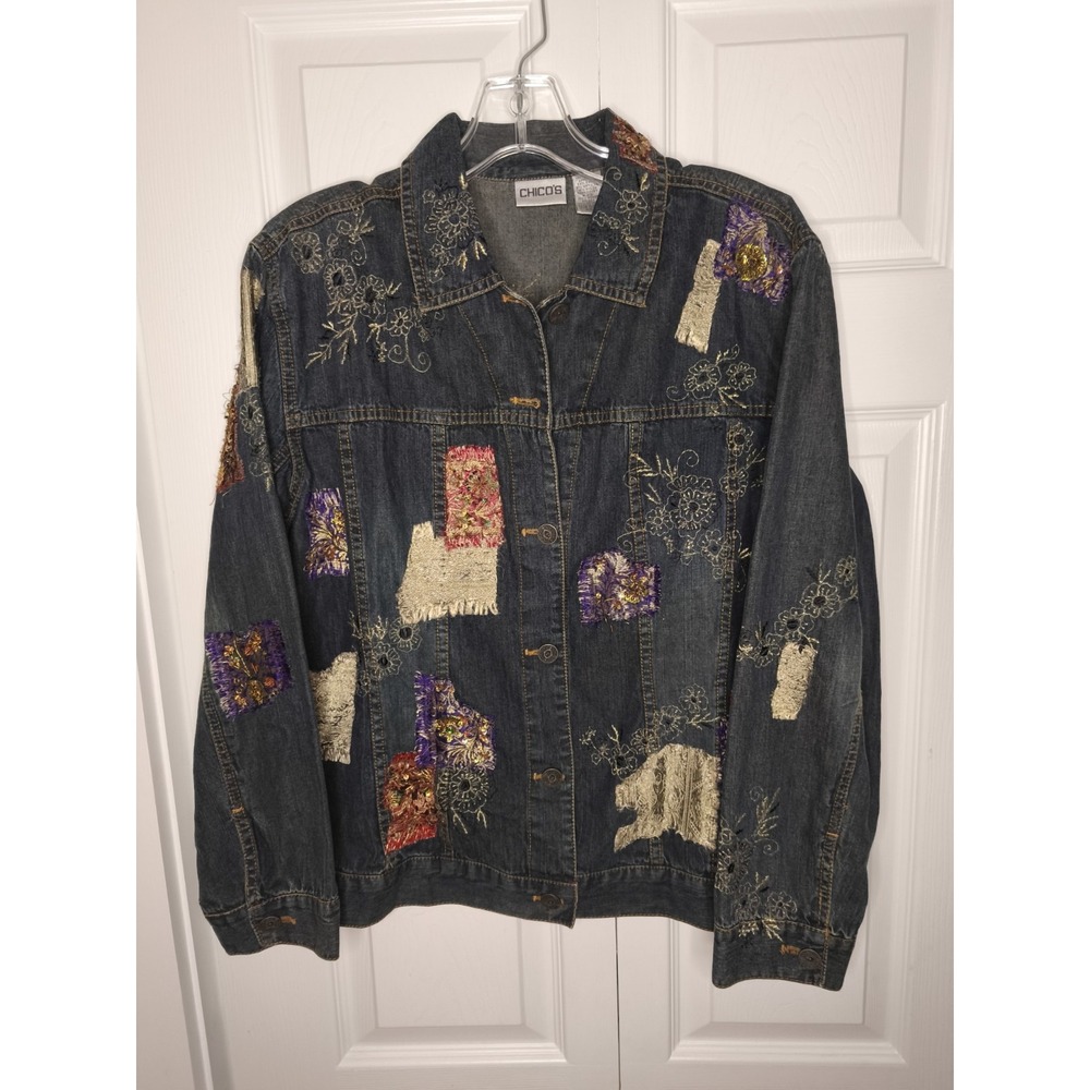 Chicos Denim Jacket Womens Size 1 LG? Embroidered Art‎ to Wear Blue Floral Jean
